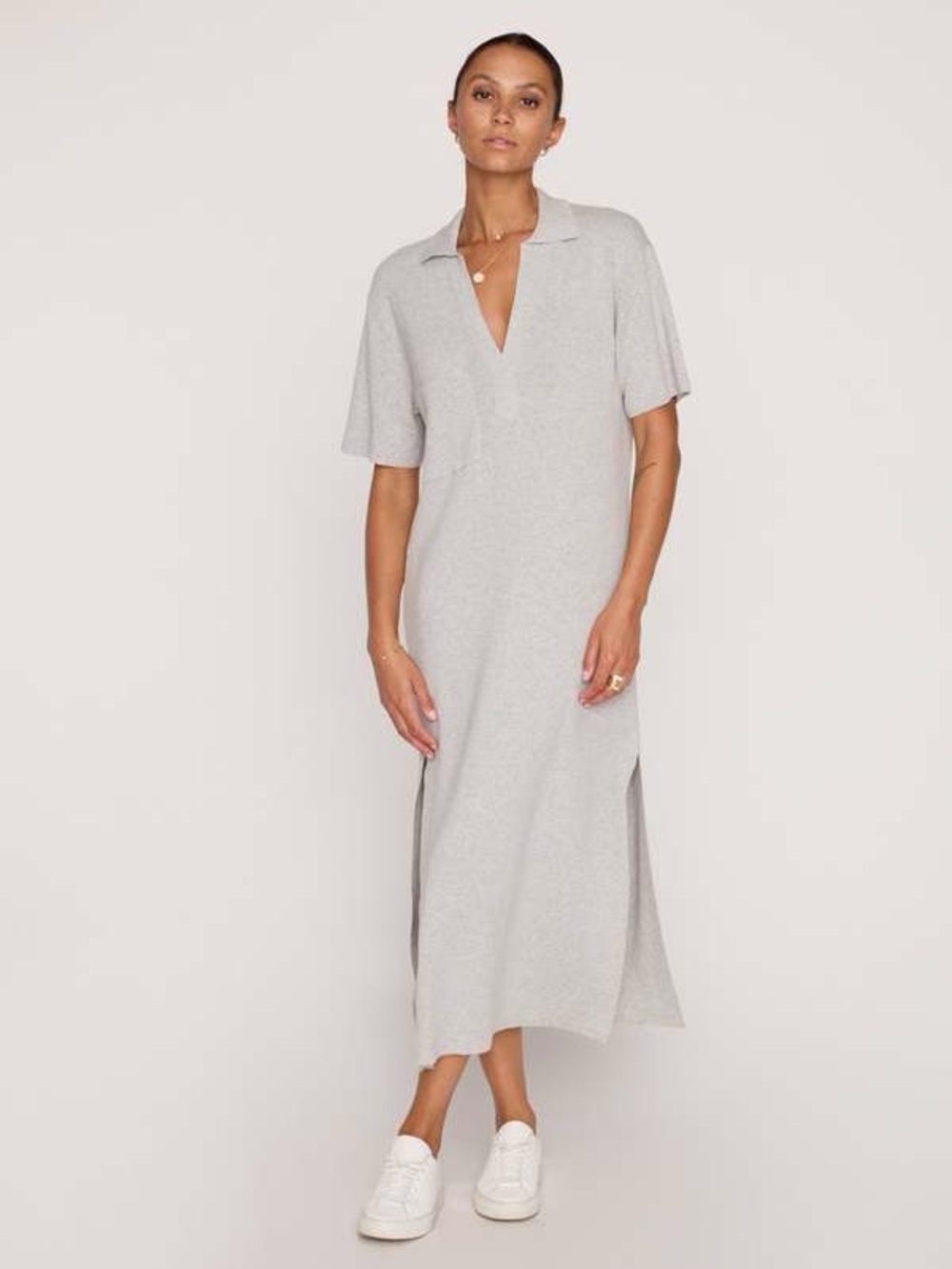 Brochu Walker Fai Polo Dress XS Gray Melange Midi Quiet Luxury Minimalist Chic
